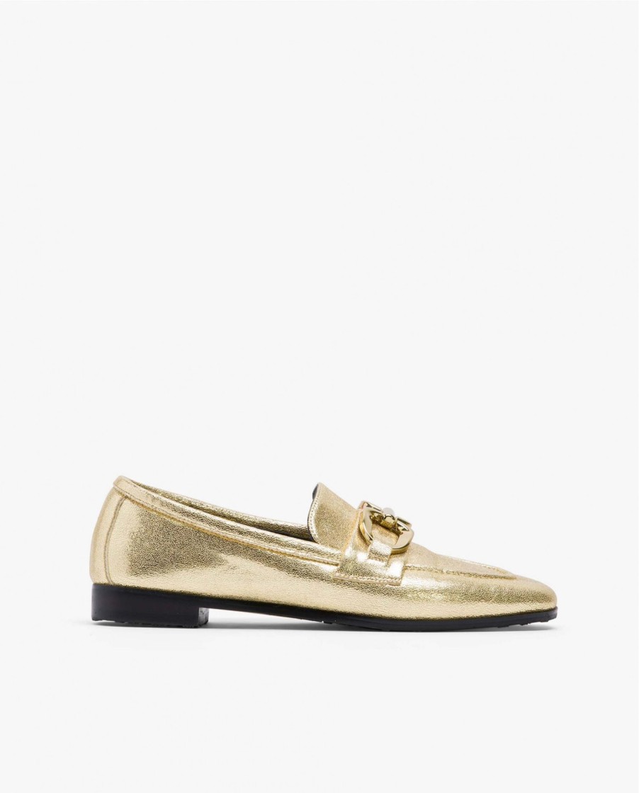 Cuple Mocasin Hebilla Lame Metalizado Oro Hot