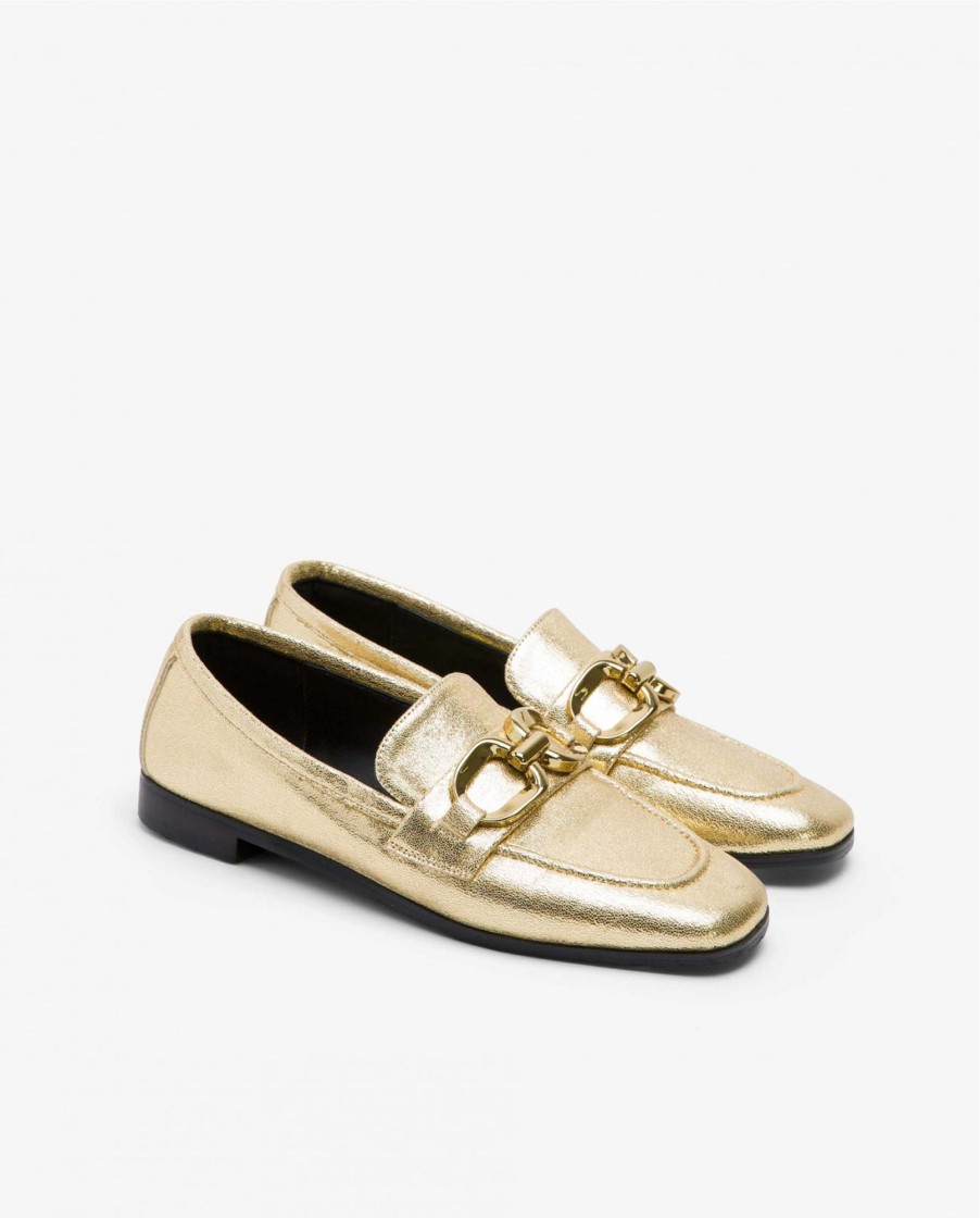 Cuple Mocasin Hebilla Lame Metalizado Oro Hot