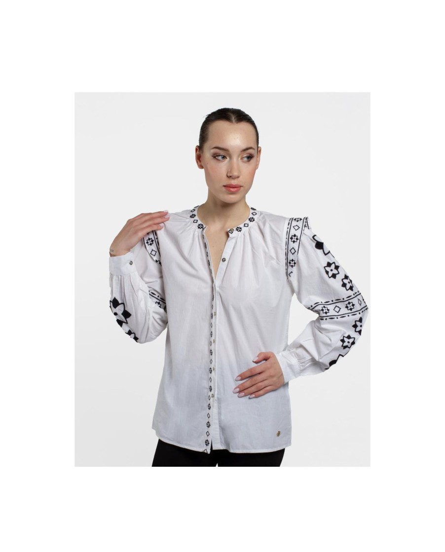 Cuple Camisa Mangas Bordadas Algodon Blanco Online