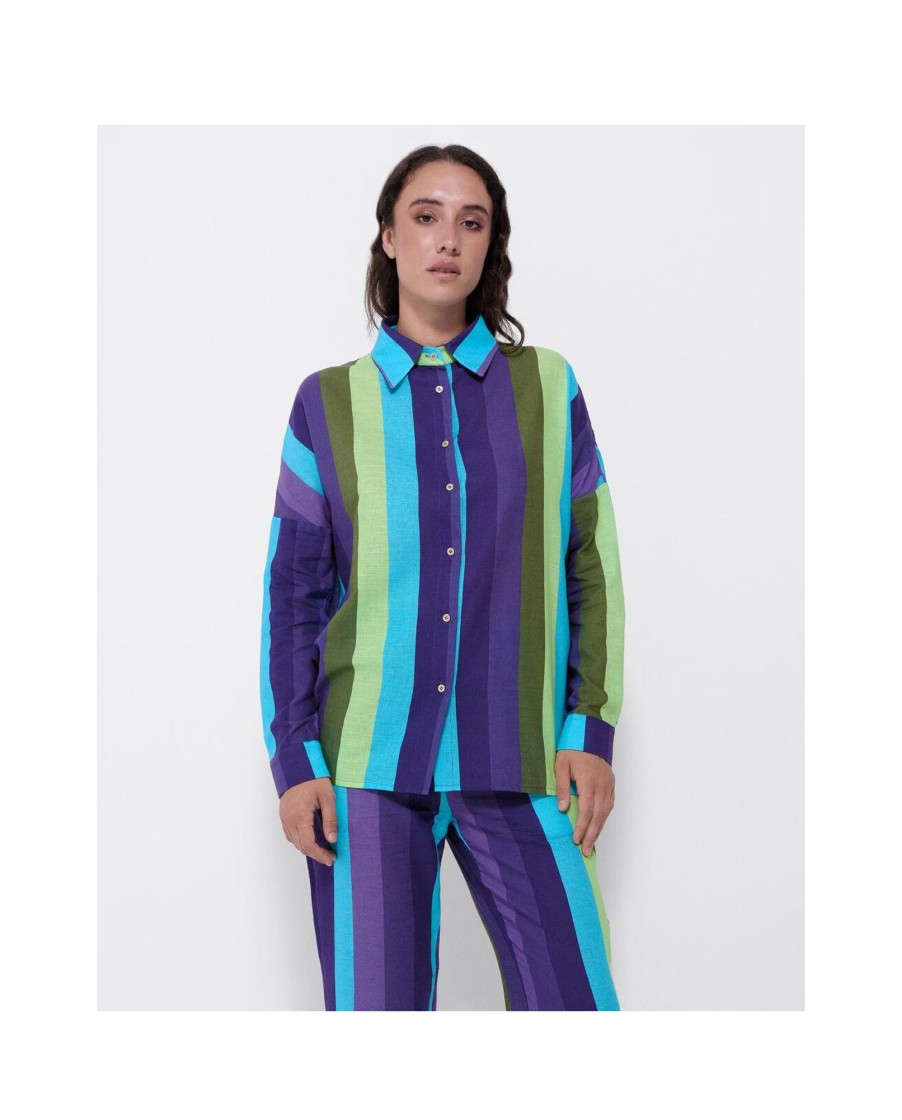 Cuple Camisa Oversize Algodon Rayas Azul Online