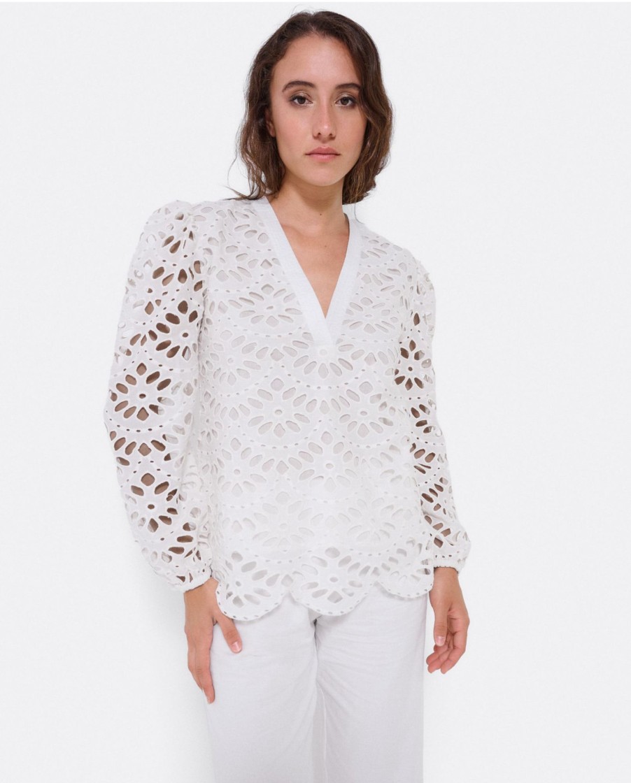 Cuple Blusa Escote Pico Guipur Blanco New