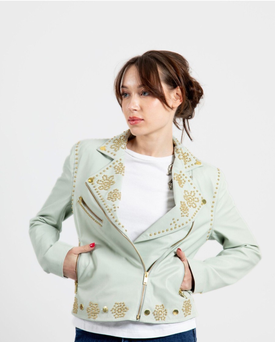 Cuple Chaqueta Biker Tachas Piel Verde Clearance