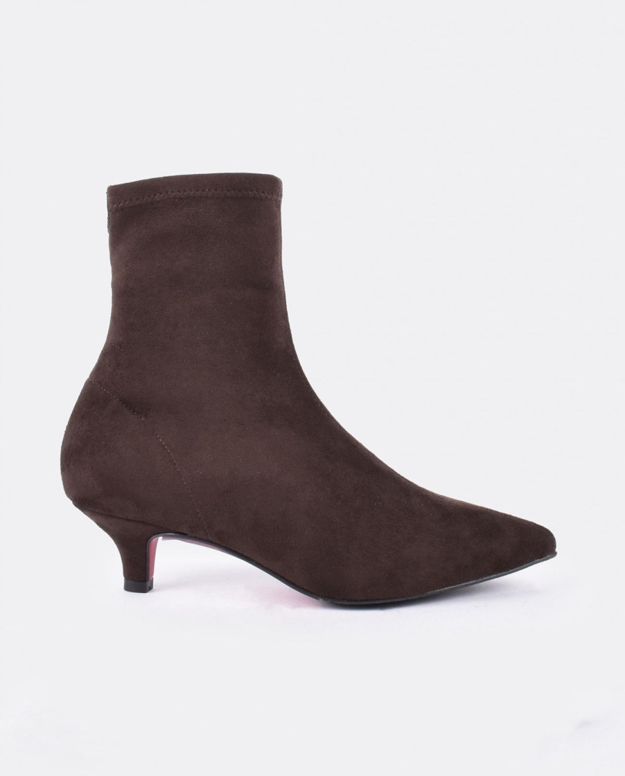 Cuple Botin Licra Tacon Bajo Ultrasuede Strech Marron New