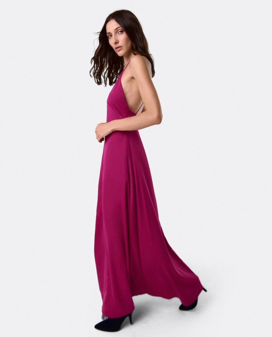 Cuple Vestido Largo Fiesta Tirantes Saten Fucsia New