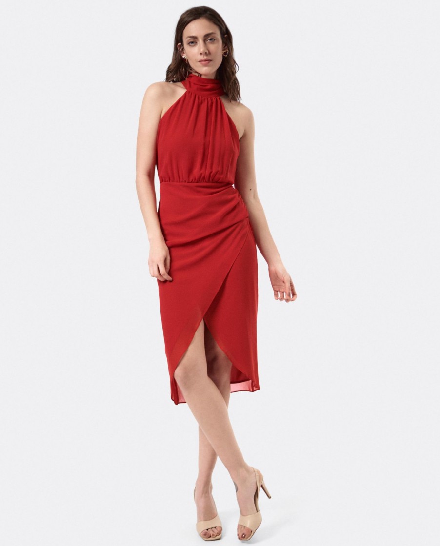 Cuple Vestido Escote Halter Gasa Rojo Clearance