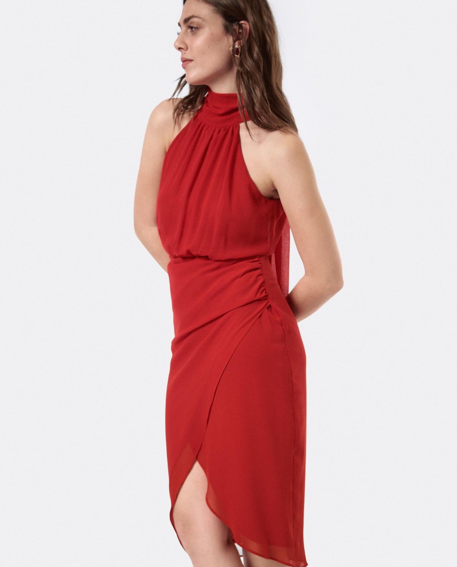 Cuple Vestido Escote Halter Gasa Rojo Clearance