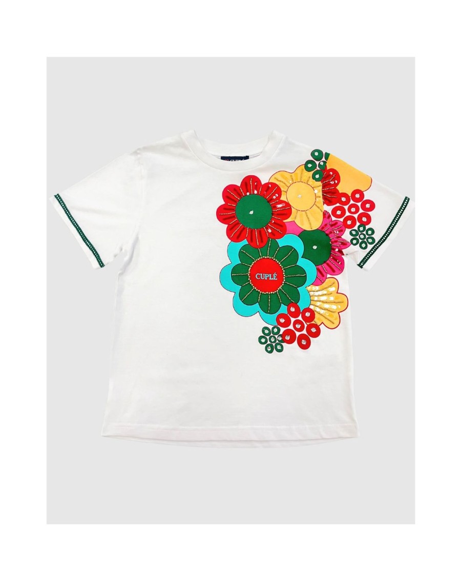 Cuple Camiseta Flor Multicolor Algodon Blanco Best