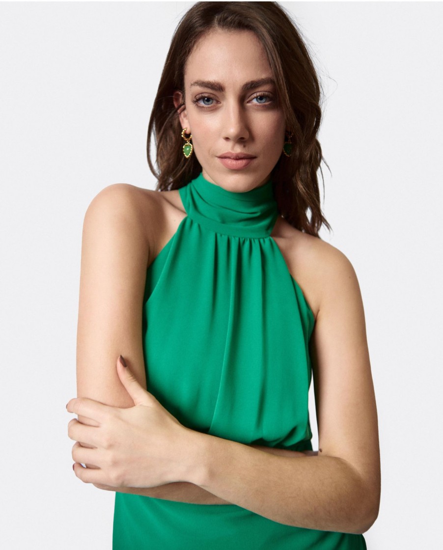 Cuple Vestido Escote Halter Gasa Verde Clearance