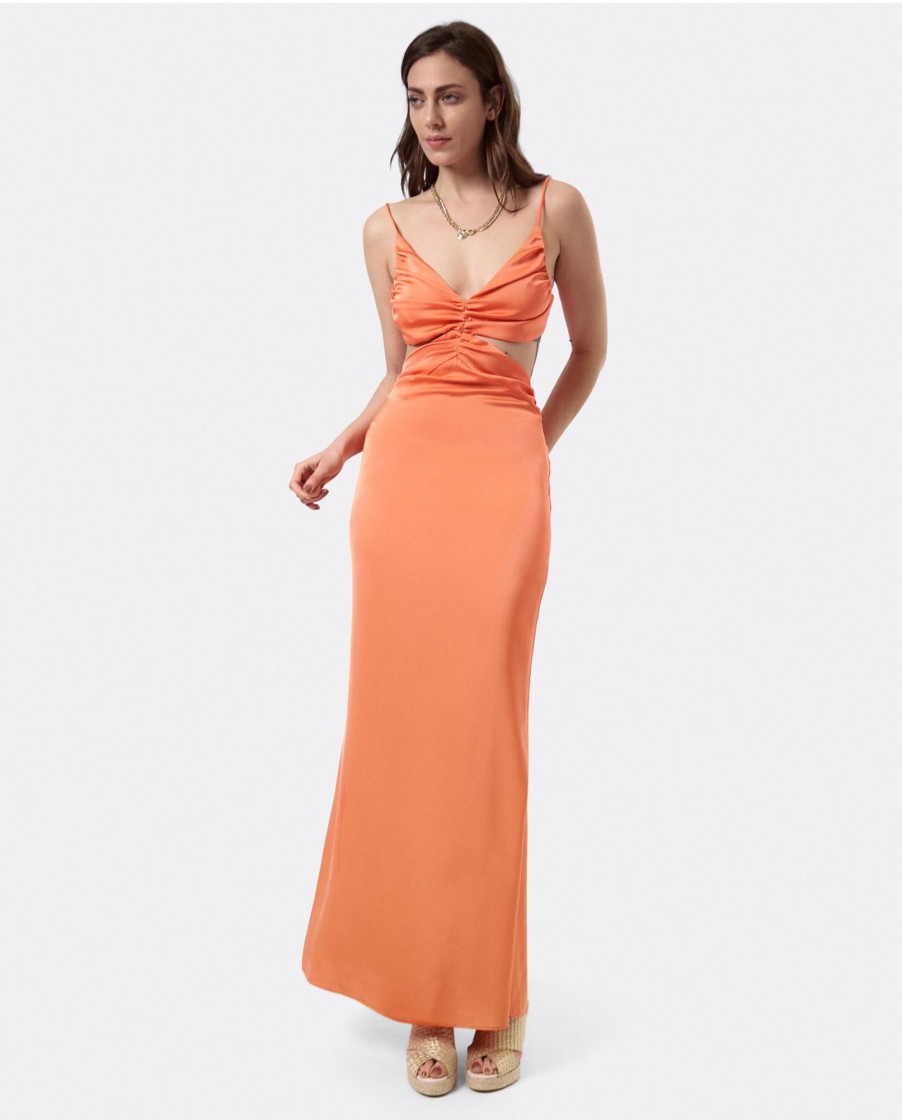 Cuple Vestido Escote Drap Sedin Naranja Online