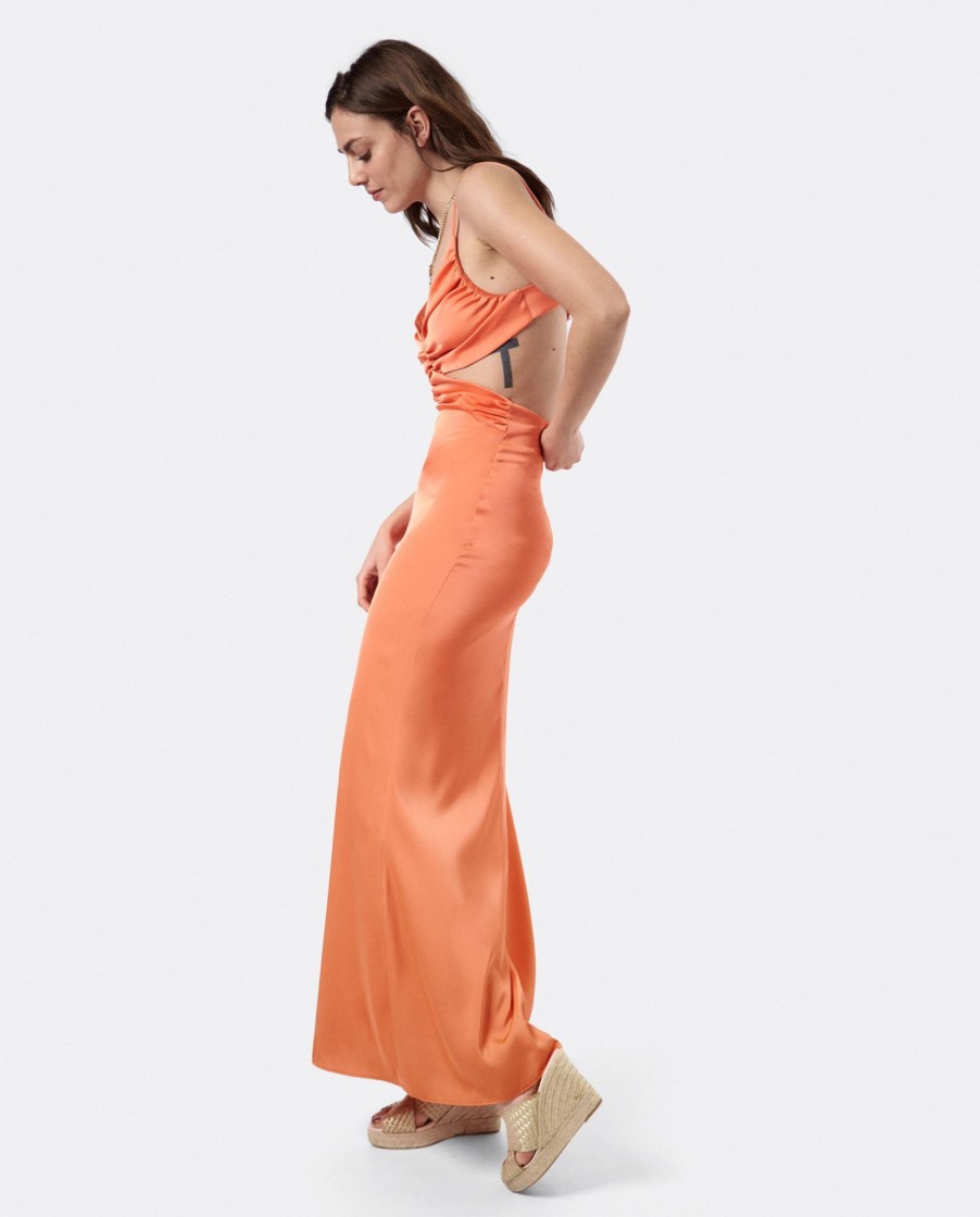 Cuple Vestido Escote Drap Sedin Naranja Online