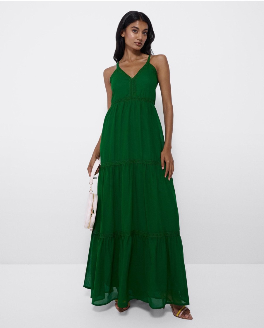 Cuple Maxi Vestido Tirantes Encaje Algodon Verde Clearance