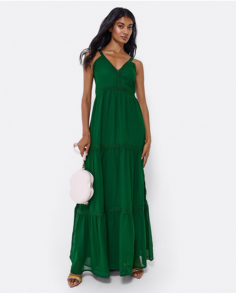 Cuple Maxi Vestido Tirantes Encaje Algodon Verde Clearance